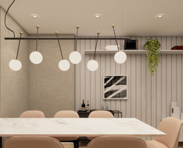 Pendente Varal com seis globos sobre mesa.