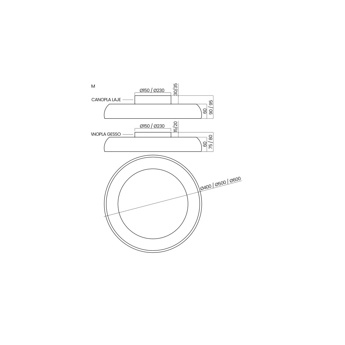 Desenho técnico cotado do plafon Circlet, da Usina Design