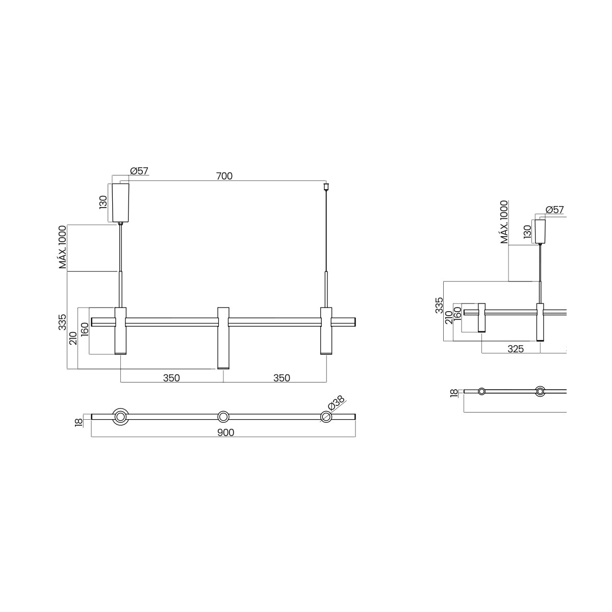 Desenho técnico cotado do pendente Duque, da Usina Design
