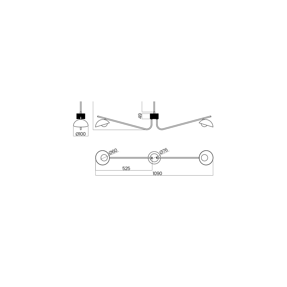Desenho técnico cotado do pendente Dutti Double, da Usina Design