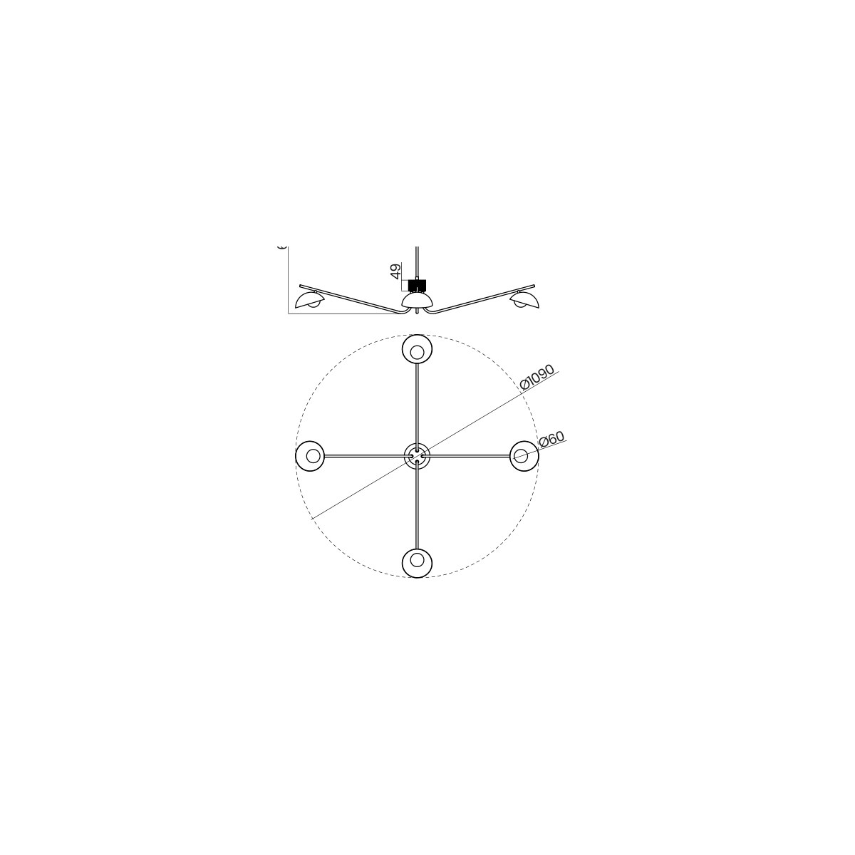 Desenho técnico cotado do pendente Dutti Four, da Usina Design