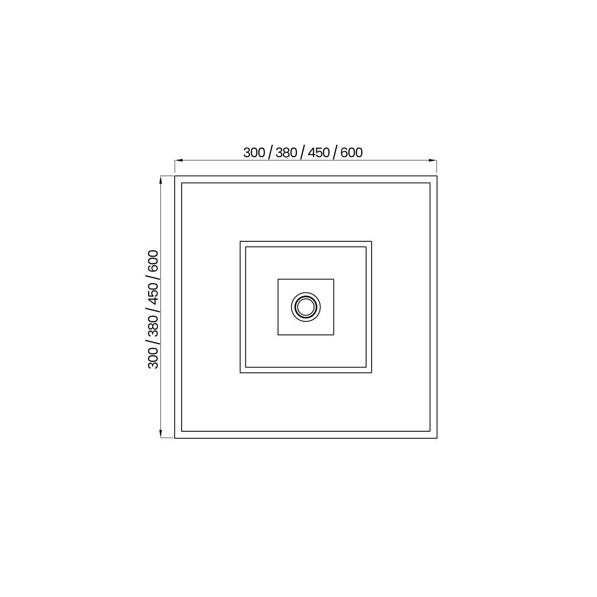 Desenho técnico cotado do plafon Focus Box, da Usina Design