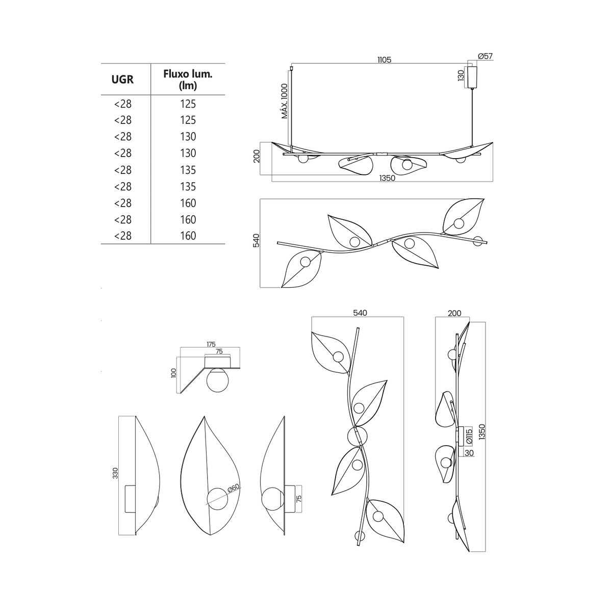 Desenho técnico cotado da arandela Folha, da Usina Design