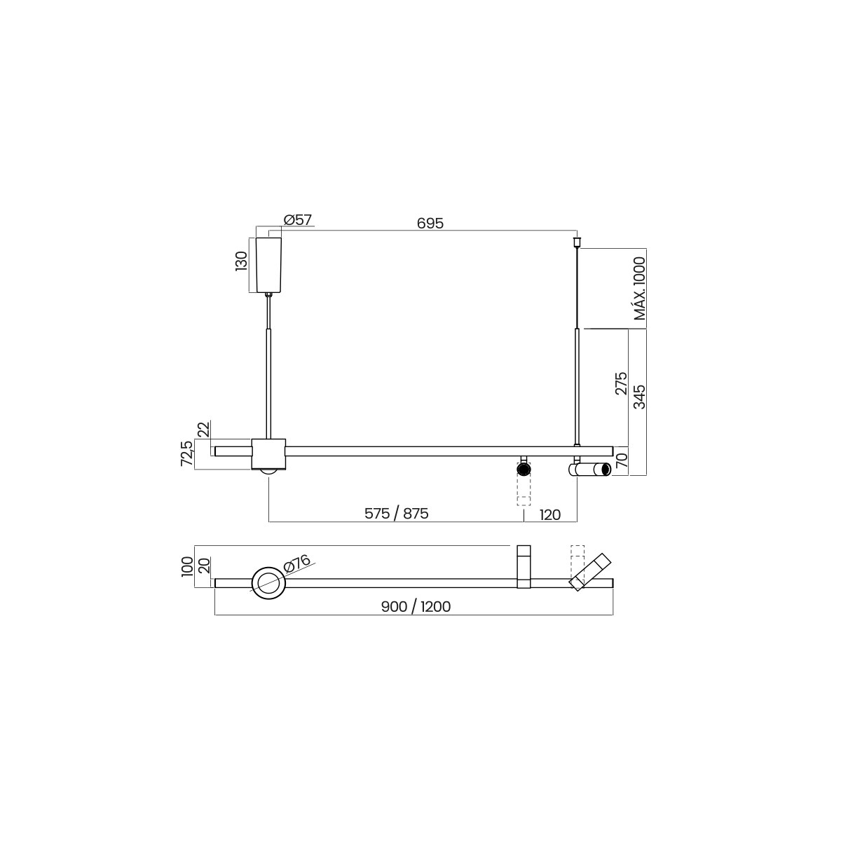 Desenho técnico cotado do pendente Vitti, da Usina Design