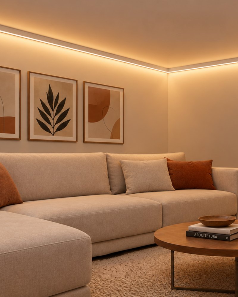 Sala com a Direct de sobrepor contornando o teto e a parede, com a luz rebatida no forro