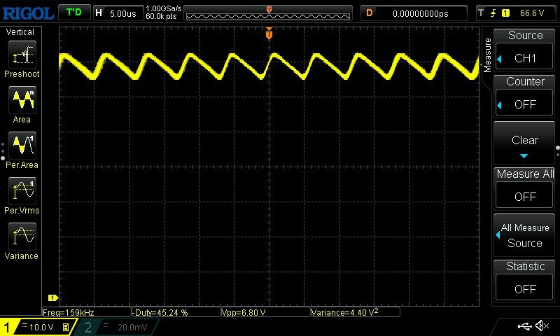 Tela de osciloscópio com a saída da fonte da Direct numa janela de 60 microssegundos, ondulação de chaveamento em 159 kHz