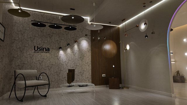 Parede da marca no showroom da Usina, com ripado de madeira e plafons